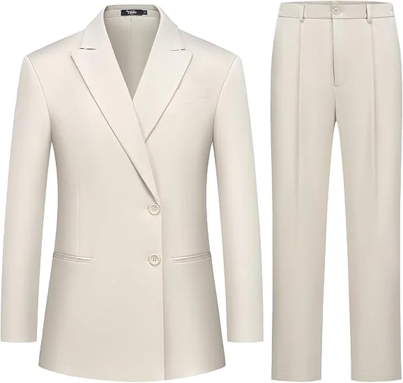 Customized Women's 2 Piece Suit Two Button Business Casual Office Work Outfits Dressy Blazer Wide Leg Pants Set
