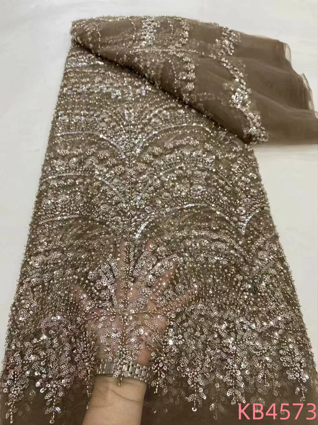 

African Lace Fabric 5 Yards Sequence Embroidery Lace Nigerian Beaded French Mesh Brown Sequins Tulle Lace For Sewing KB4573