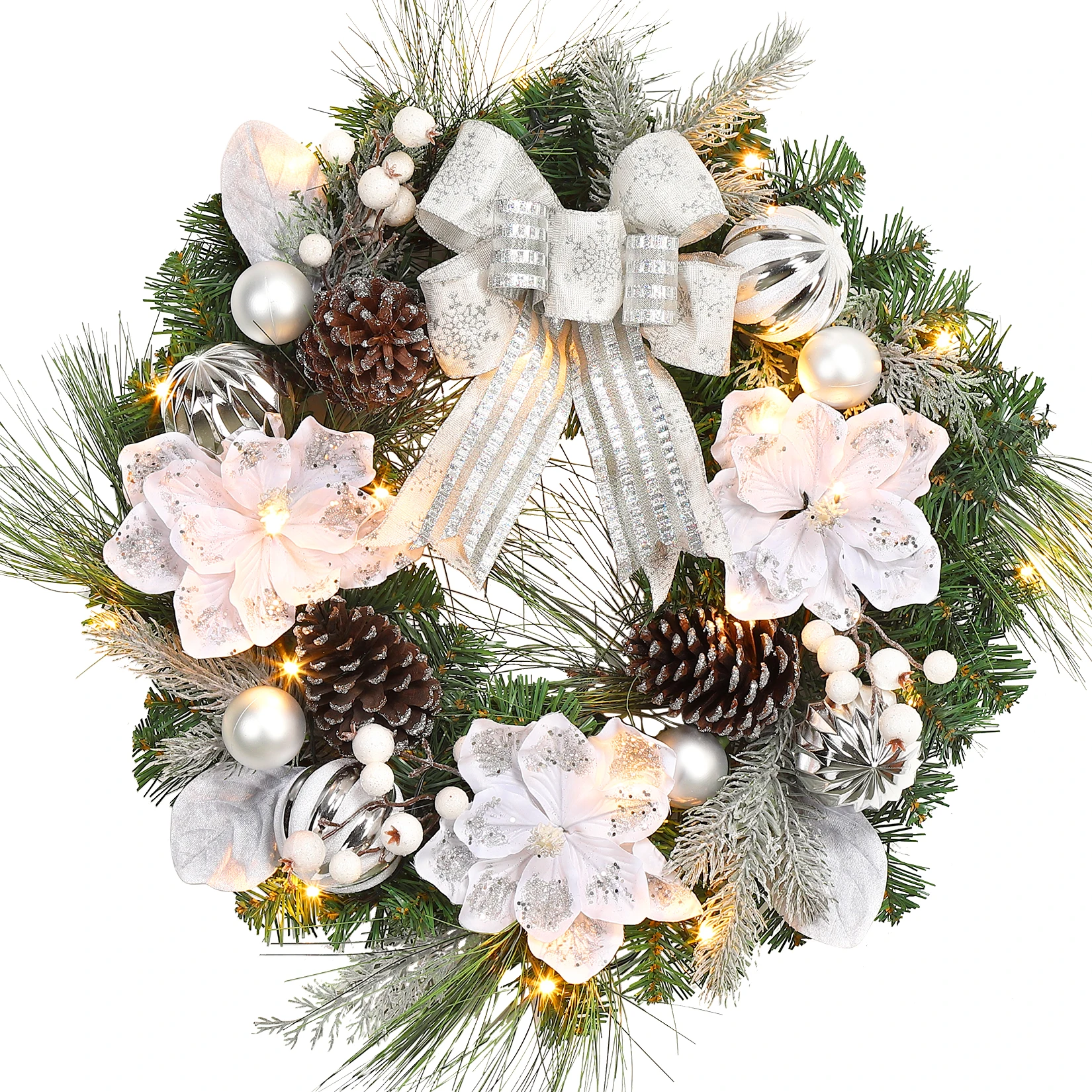 

24 Inch Pre-Lit Lighted Traditional Wreath for Valentines Decorative Garland with 20 Led Lights Christmas Decor for Front Door