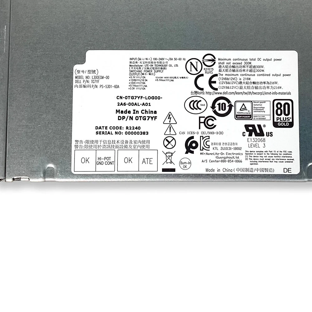 لـ Dell 3630 Tower 300W Power Supply L300EGM 00 TG7YF محول بديل مع كفاءة وحماية محسنة للطاقة