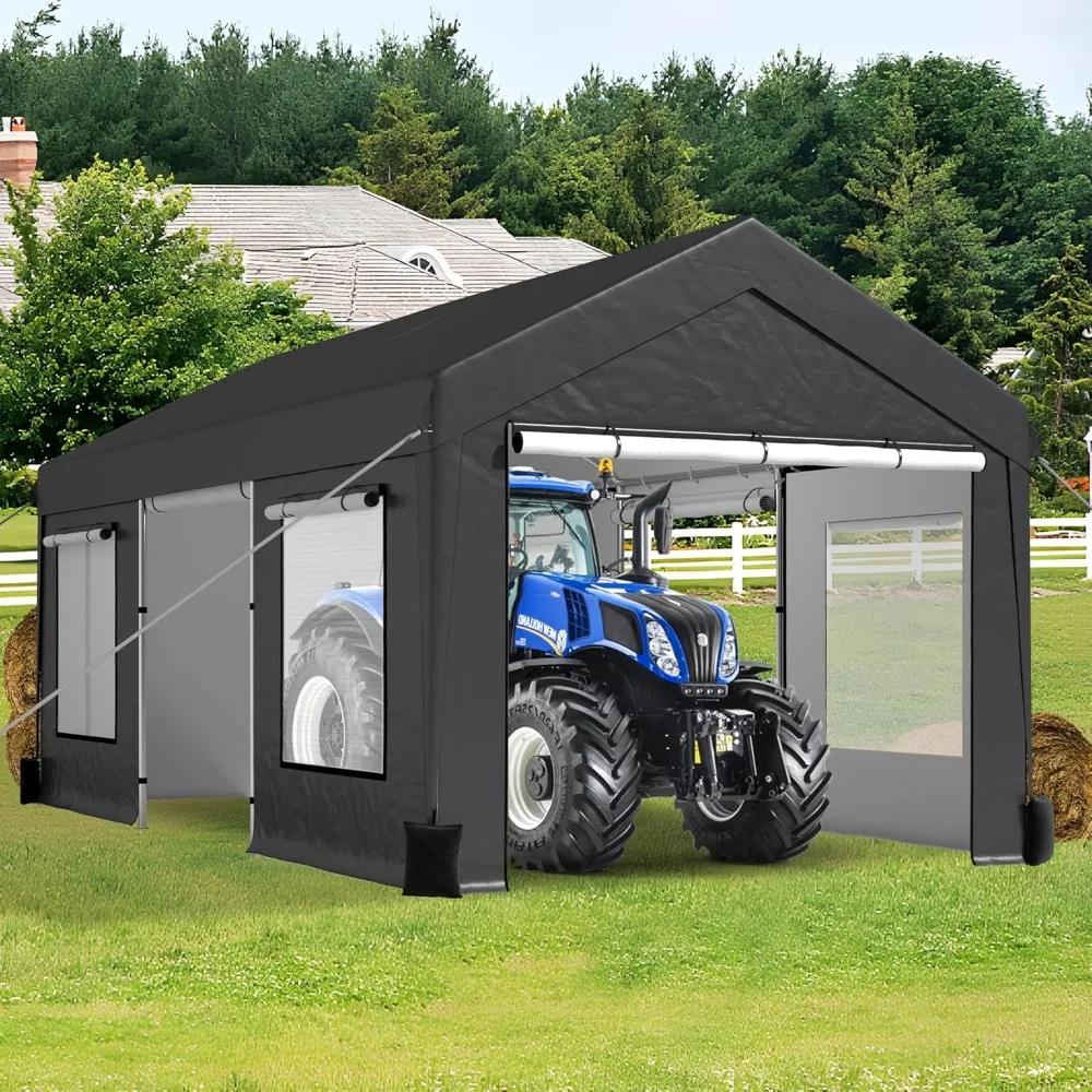 

Carport 10X20FT, сверхмощный портативный гараж с подвижными боковыми стенками, навесом для Carports, автомобильным портом с мешками с песком, наружным укрытием для