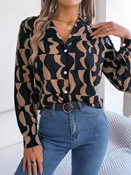 Autumn and Winter Office Lady Shirts Contrast Stripe Notched Collar Long Sleeve Tops Women Single Breasted Elegant Shirt