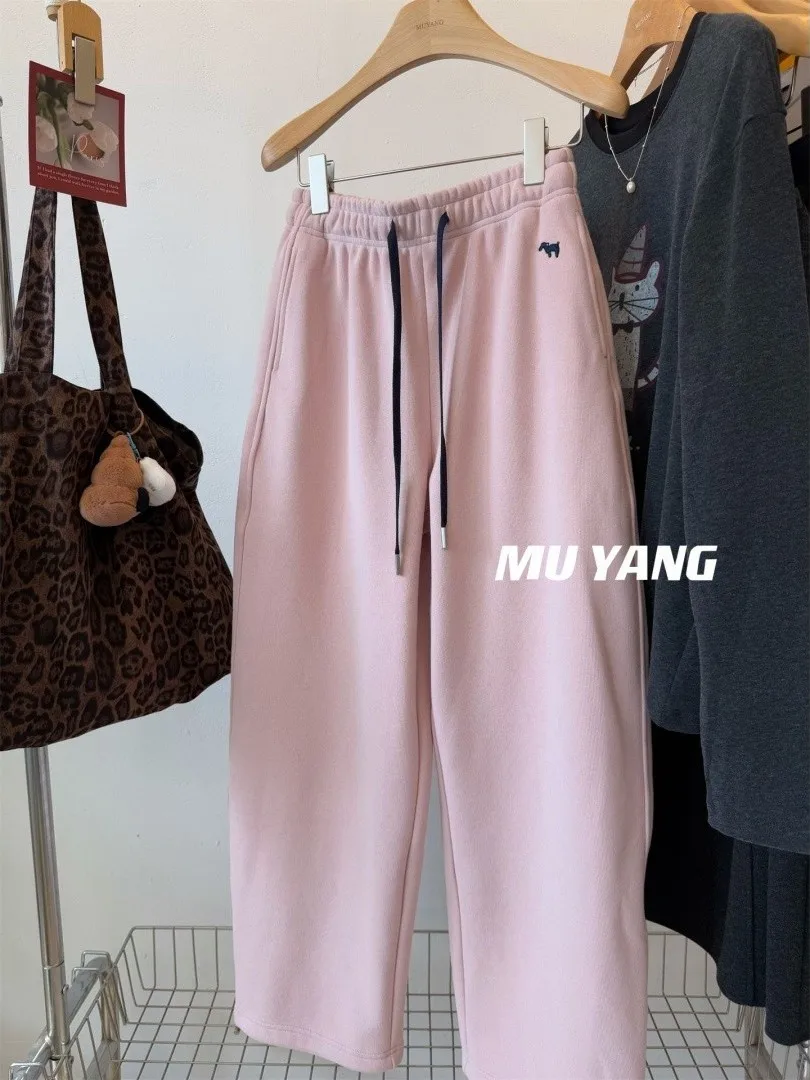 

Men's Casual Straight Leg Pants High Waist Fleece Lined Embroidered Loose Fit Fashionable Autumn Winter Trousers