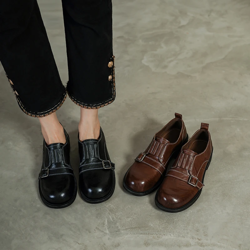 2026 new spring autumn women pumps natural leather 22-25 cm washed cowhide+sheepskin+pigskin round toe women shoes Retro loafers