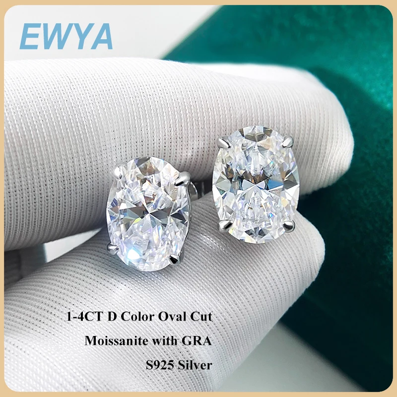 

EWYA 1-4CT Oval Cut D Color Moissanite Diamond Stud Earrings GRA Certified For Women Unisex Gemstone Party 925 Silver Earring