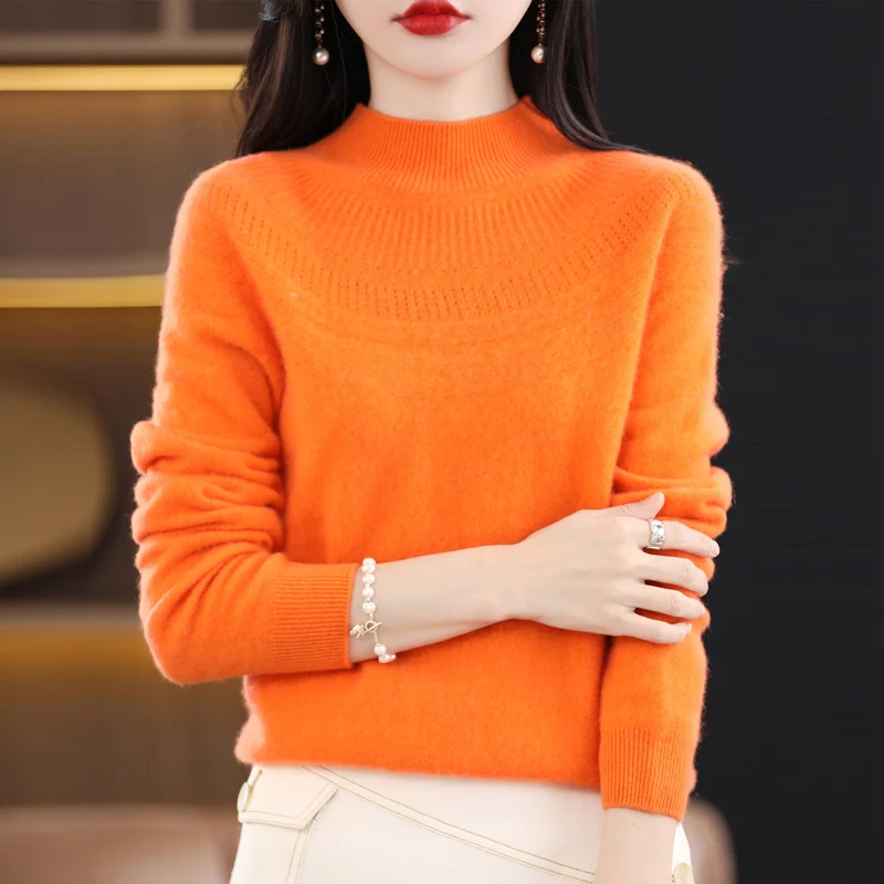 2024 Autumn Winter New Women\'s Sweater Pure Wool Pullover Long Sleeved Hollow Loose Slim Fit Solid Color Simple Versatile Tops