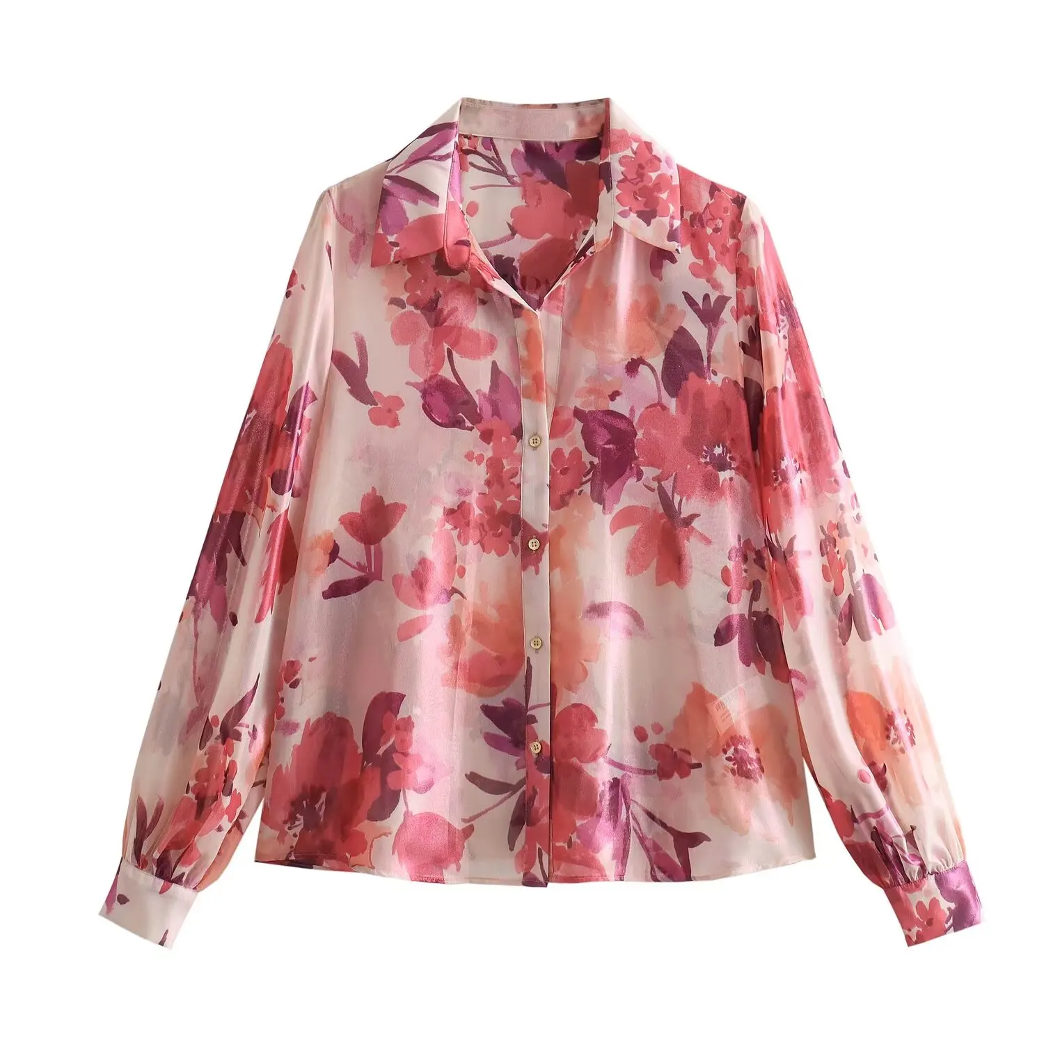 Tangada 2024 Women Pink Flowers Print Loose Blouses Long Sleeve Female Shirts Tops 6X061