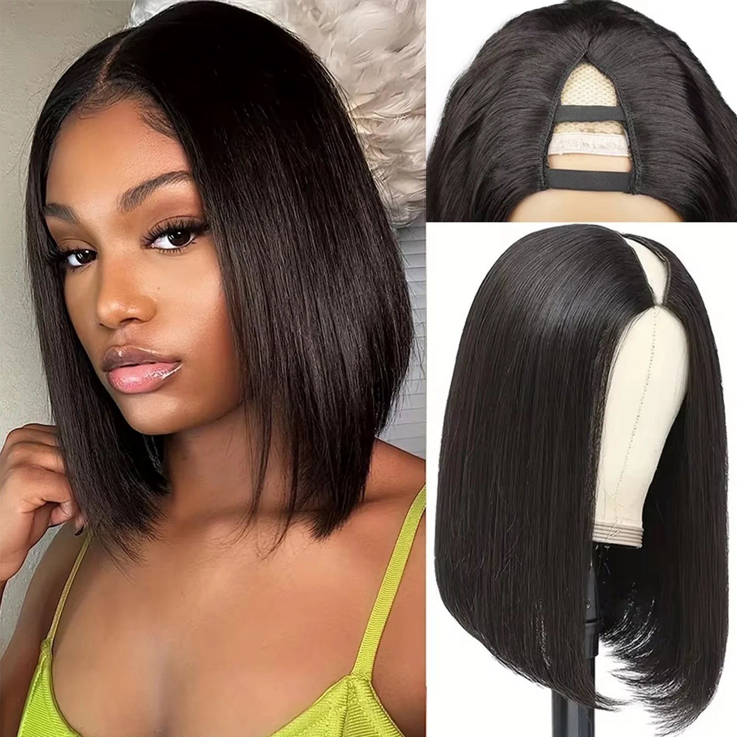 

Короткие парики-боб с V-образным вырезом для женщин, прямые короткие парики из натуральных волос без клея, U-образные парики, короткие бразильские парики-боб из натуральных волос, распродажа