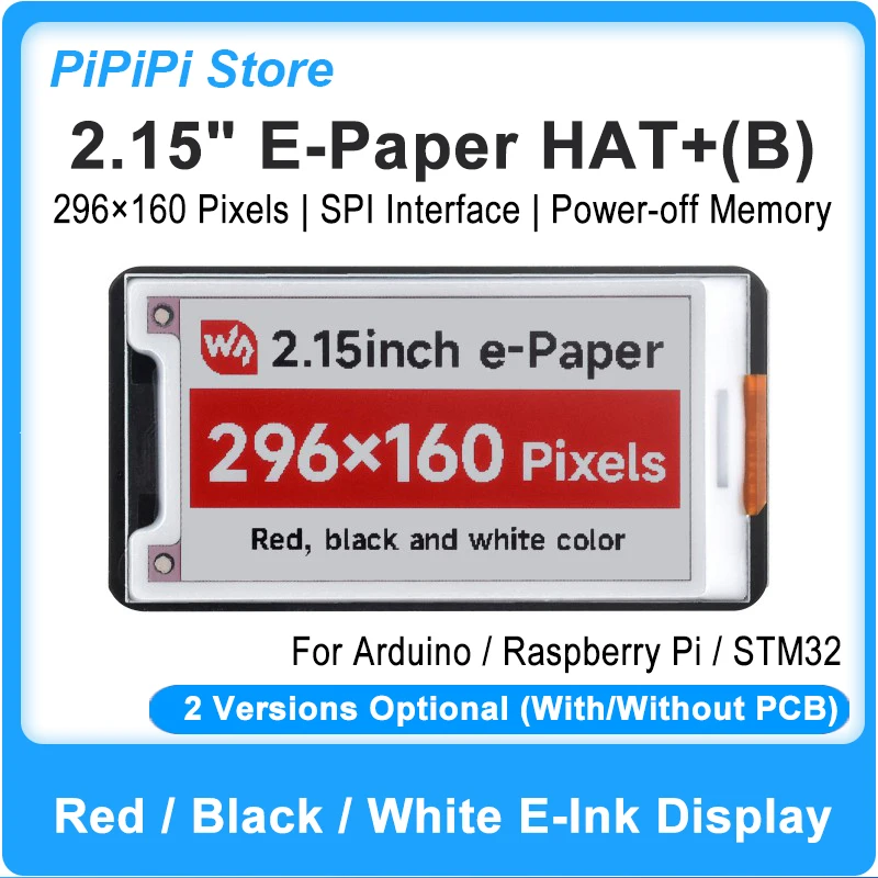 2.15 Inch E-Paper HAT+(B) Red Black White E-Ink Display Module 296×160 SPI Interface Compatible with Raspberry Pi Arduino STM32