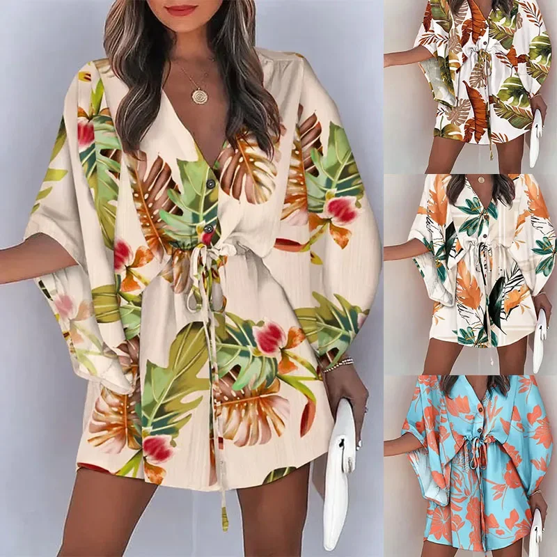 

Women's Summer Flying Sleeves V-neck Strap Printed Beach Skirt Summer Dress Vestidos De Tricô Femenino Sexy Dress for Women