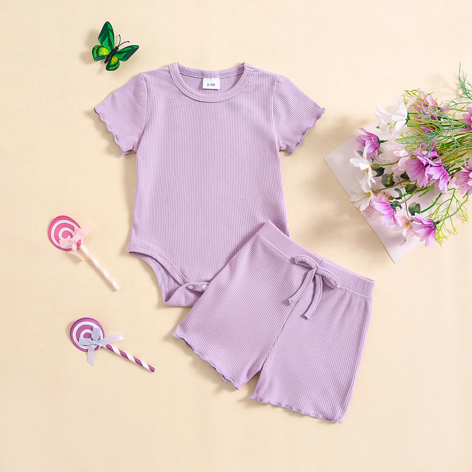 

Solid Color Summer Baby Girls Clothes Sets Casual Toddler Outfits Short Sleeve Ribbed Romper Tops Elastic Waist Shorts Baby Set