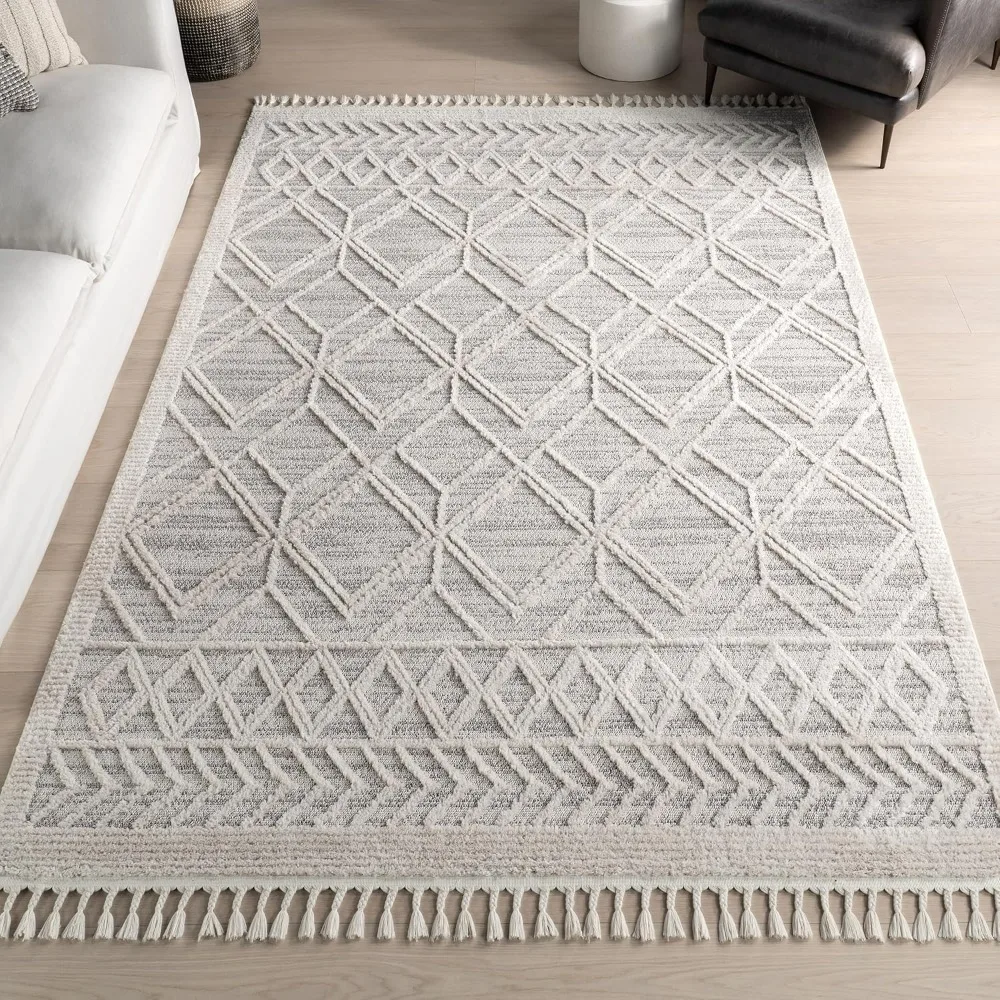 

7x9 Ansley Moroccan Tassel Area Rug, Light Grey, High-Low Textured Bohemian Design, Plush High Pile,Stain Resistant, For Bedroom