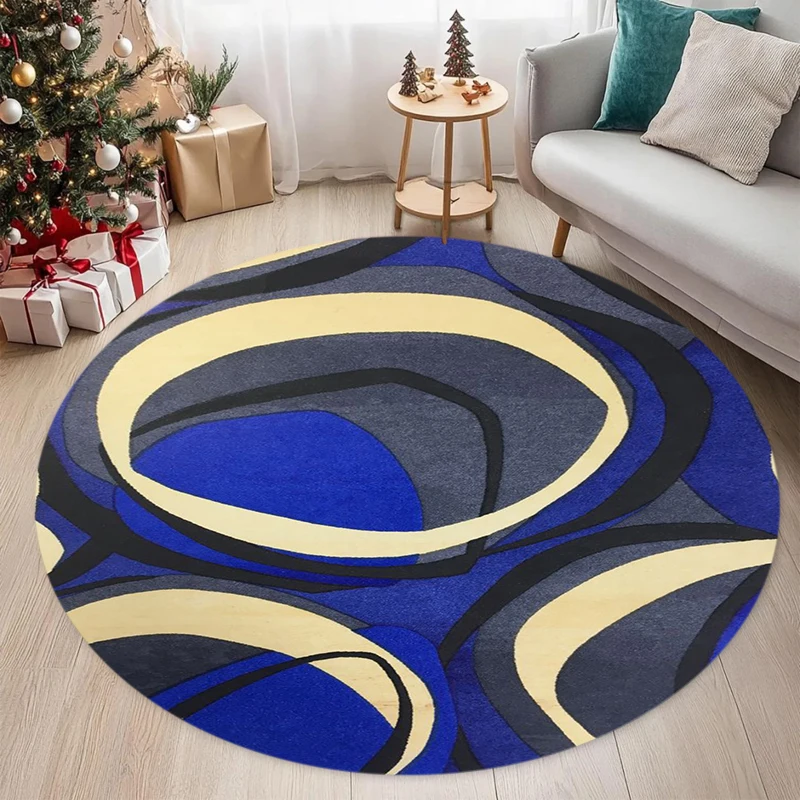 Abstract Swirl Curve Round Rug  Modern Blue Beige Black Art Print Carpet for Living Room Bedroom Home Decor
