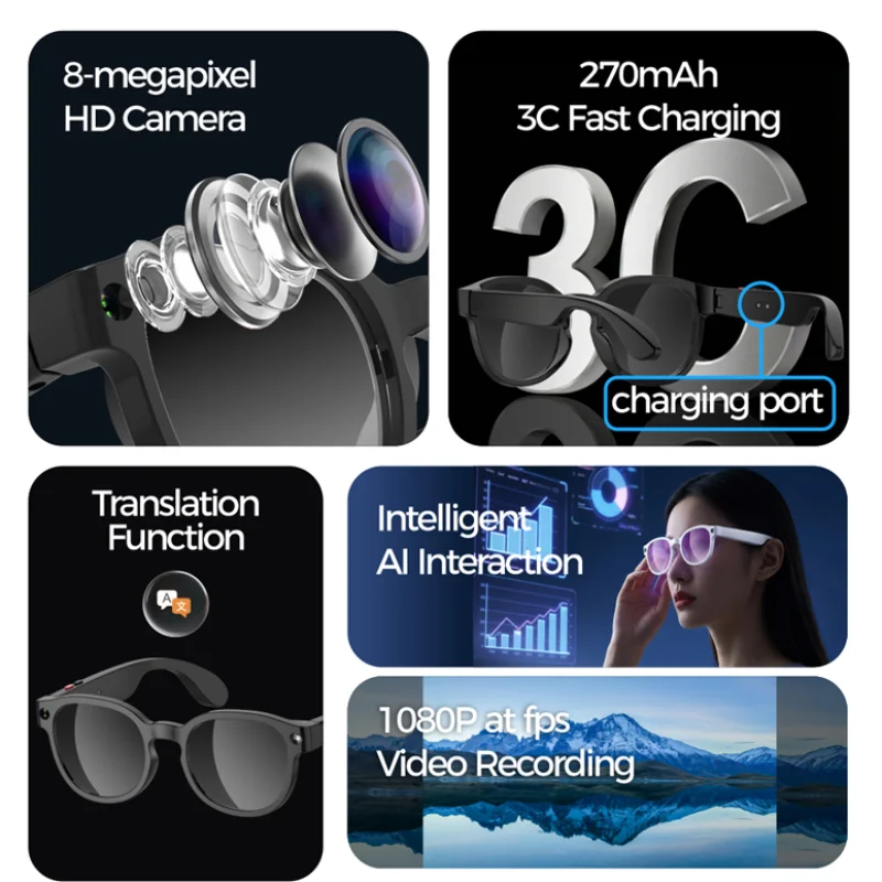 2026 AIMB-S1 AI Smart Glasses AI Translation Conversation Recording 8MP HD Debounce Camera 4K Shooting Enjoy Music Smart Glasses