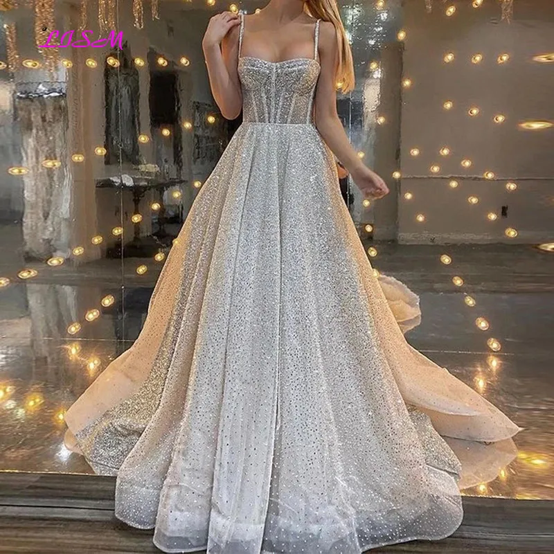 Silver Sequins Prom Dresses A-Line Long Prom Party Gown Sweetheart Straps Sleeveless Evening Dress Vestido De Fiesta