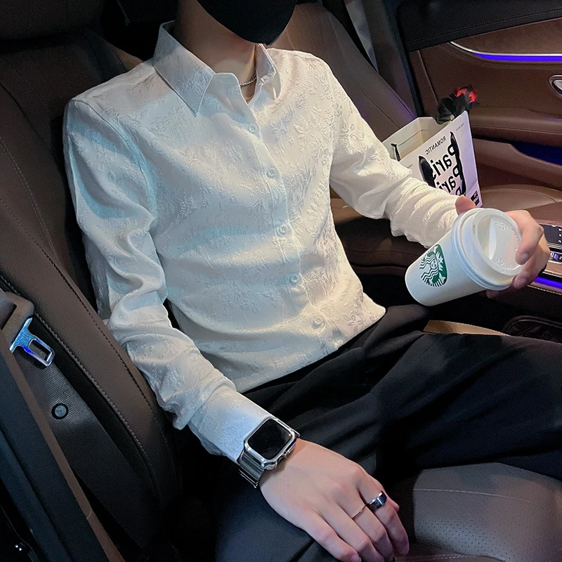 

Ele Long Sve White irt for Men Slim Fit k Pattern Trendy Hairst Haome irt Spring Autumn High End Feeling