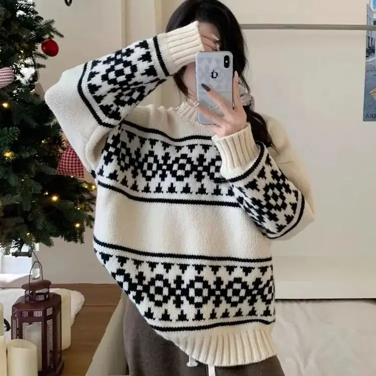 Knitted Red Sweater Women'S Autumn Winter New Christmas Loose Lazy Style Soft Waxy Pullover High-End Contrast Top