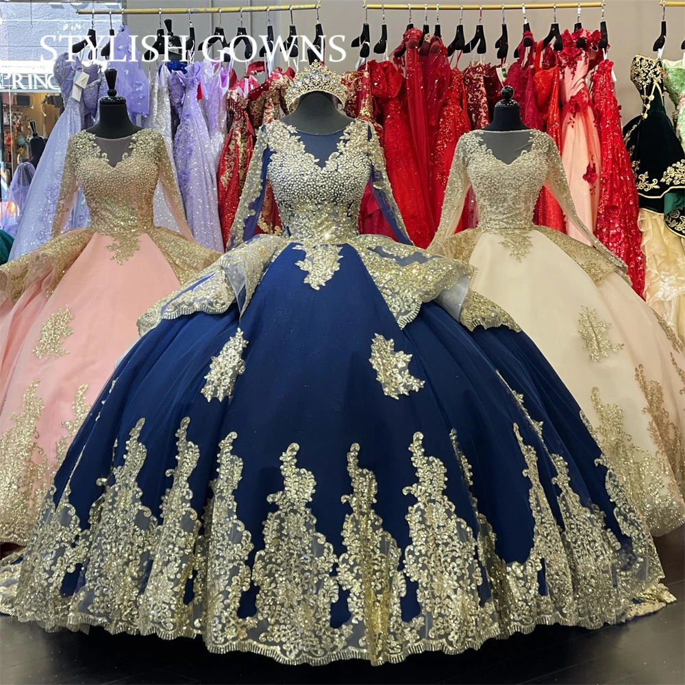 

Princess Navy Blue Sheer O Neck Ball Gown Quinceanera Dresses Beaded Sequined Celebrity Party Gowns Lace Up Back Graduation Vest