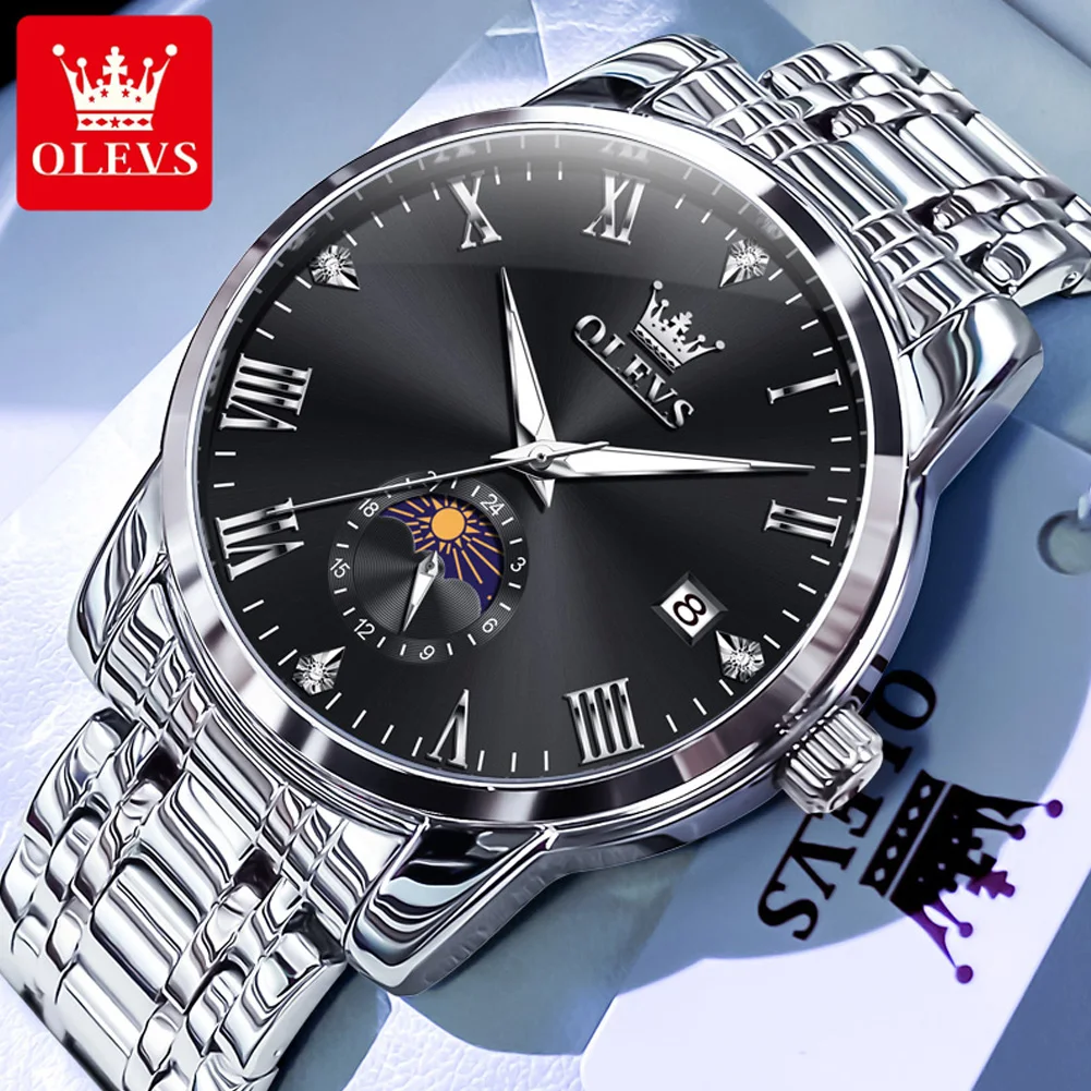 

OLEVS 3656 Watches for Men Original Band Calendar Moon phase Wristwatch Classic Stainless Steel Big Dial Watch Waterproof Reloj