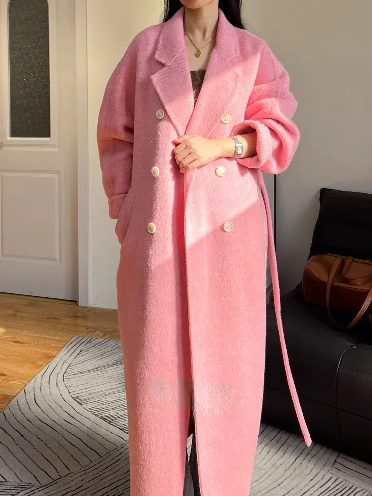 New Women Double-sided Wool Alpaca Coat Feamle Fashion Casual Double Breasted Long Lapel Lace-up Woolen Coat Tide Autumn Winter