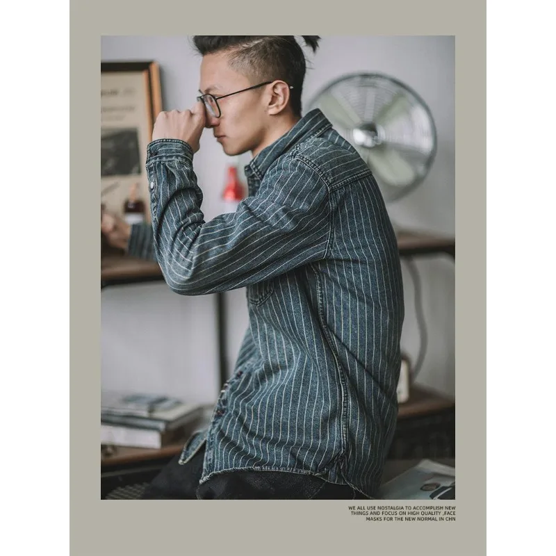 قميص دينم مخطط عمودي عتيق على الطراز الأمريكي، قميص ثقيل بأكمام طويلة على شكل قضيب كاكي