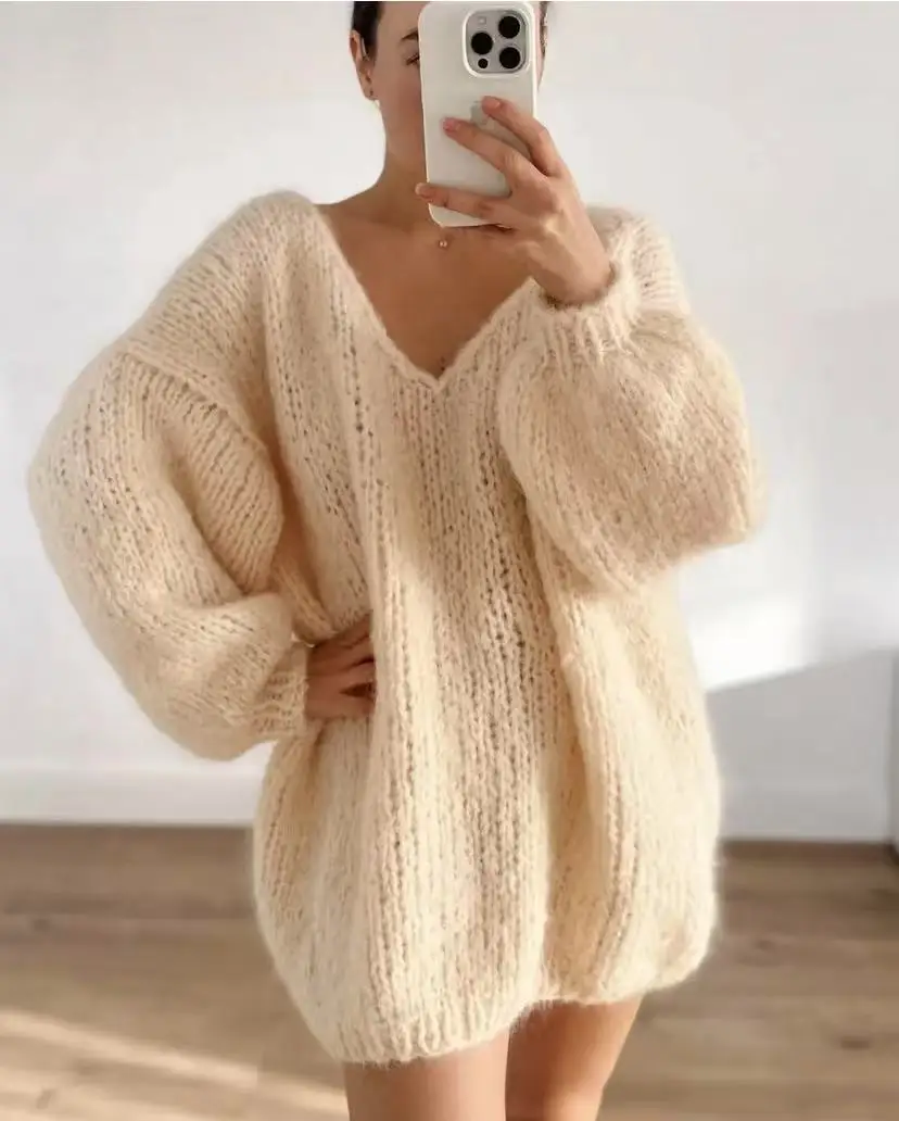 Solid color mohair knit sweater, loose and lazy style, handmade sweater pullover for women, spring 2025 new collection