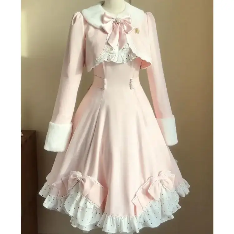 

Japan Winter New Style Japanese Elegant Lady Plush Coat Bow Dress Suit