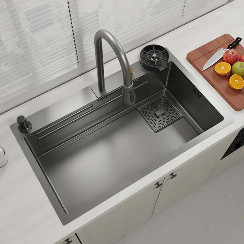 

Gun Grey 304 Stainless Steel Dishwashing Sink Kitchen Nano Wash Vegetable Basin Raindance Waterfall Faucet Sink