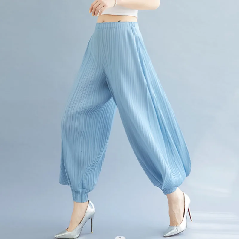 Pantalones Anchos Plisados para Mujer, Verano Otoño, Nuevo Estilo, Largos, Delgados, Sueltos, Casuales, Tipo Farol, Diseño Plegado, Ajuste Cómodo