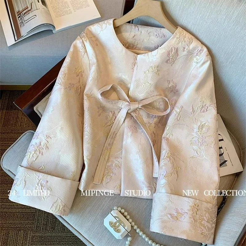 

Pink Jacquard Jacket Women's Long Sleeve 2025 Spring And Autumn New Fashionable Chinese Style Lace-up Tang Top