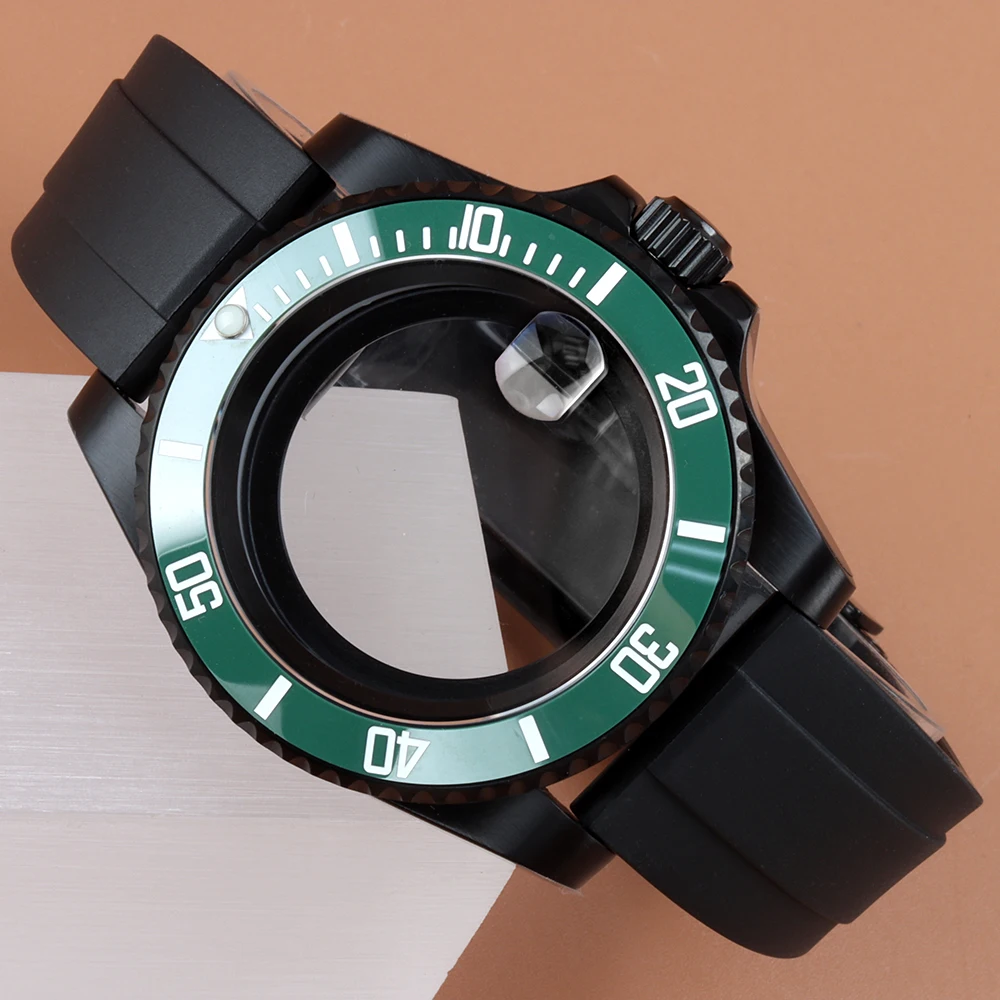 40mm NH35 Case Full Black For Submariner Rubber Strap Sapphire Glass Stainless Steel Case For NH35 NH36 NH34 NH38 Movement