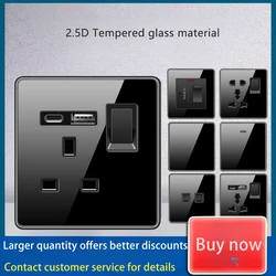 Black Tempered Glass Wall Lamp Switch, UK13A Type C USB Power Outlet, 1gang2way Speed 220V Switch Electrical Socket Panel
