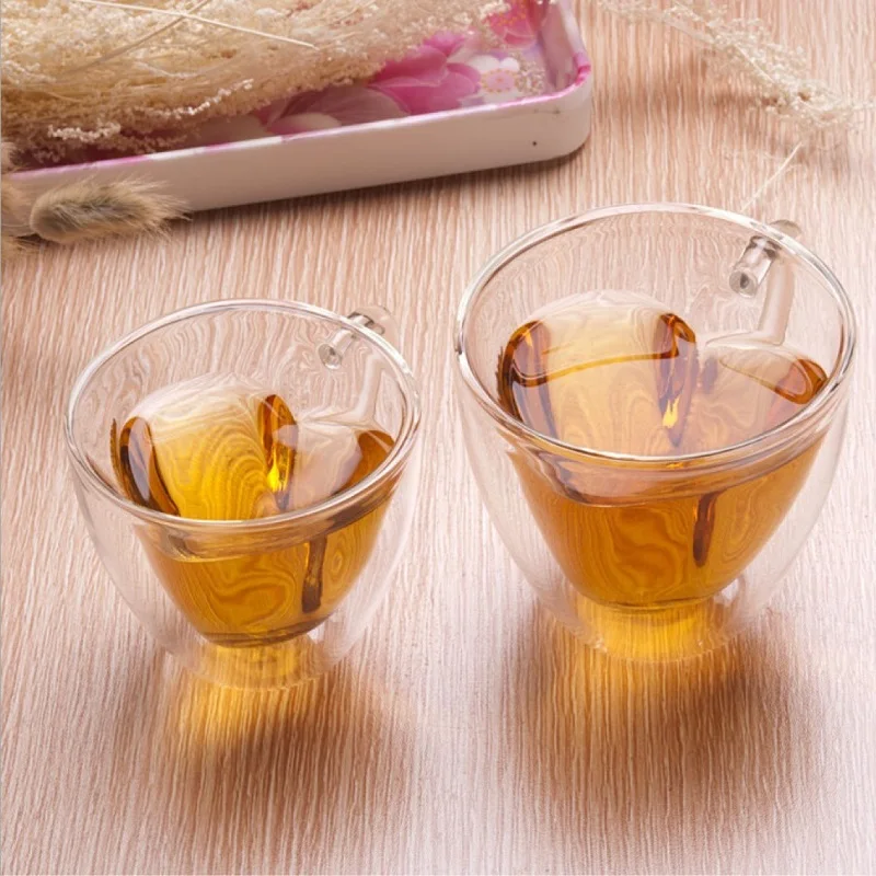 180ml Heart Love Shaped Glass Mug Couple Cups Double Glass Cup Heat-Resisting Wine Glasses/Tea/Milk/Espresso Coffee Cup Bar Set