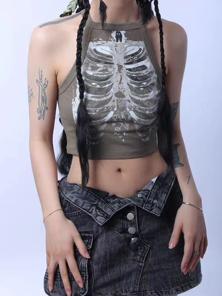 Sexy Y2K Streetwear Vintage Gothic X-ray Skeleton Print  One Shoulder Sleeve Crop Top Women Summer 90s Tank Top Harajuku Graphic