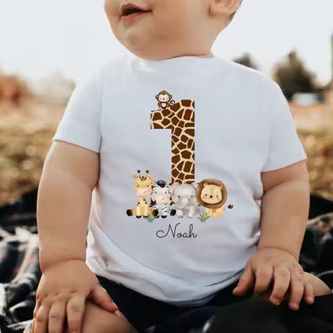 T-Shirt Birthday Shirt Personalized Birthday Child Boy Girl Jungle Animals Safari Giraffe Zebra Lion Wild One Holiday T Shirt