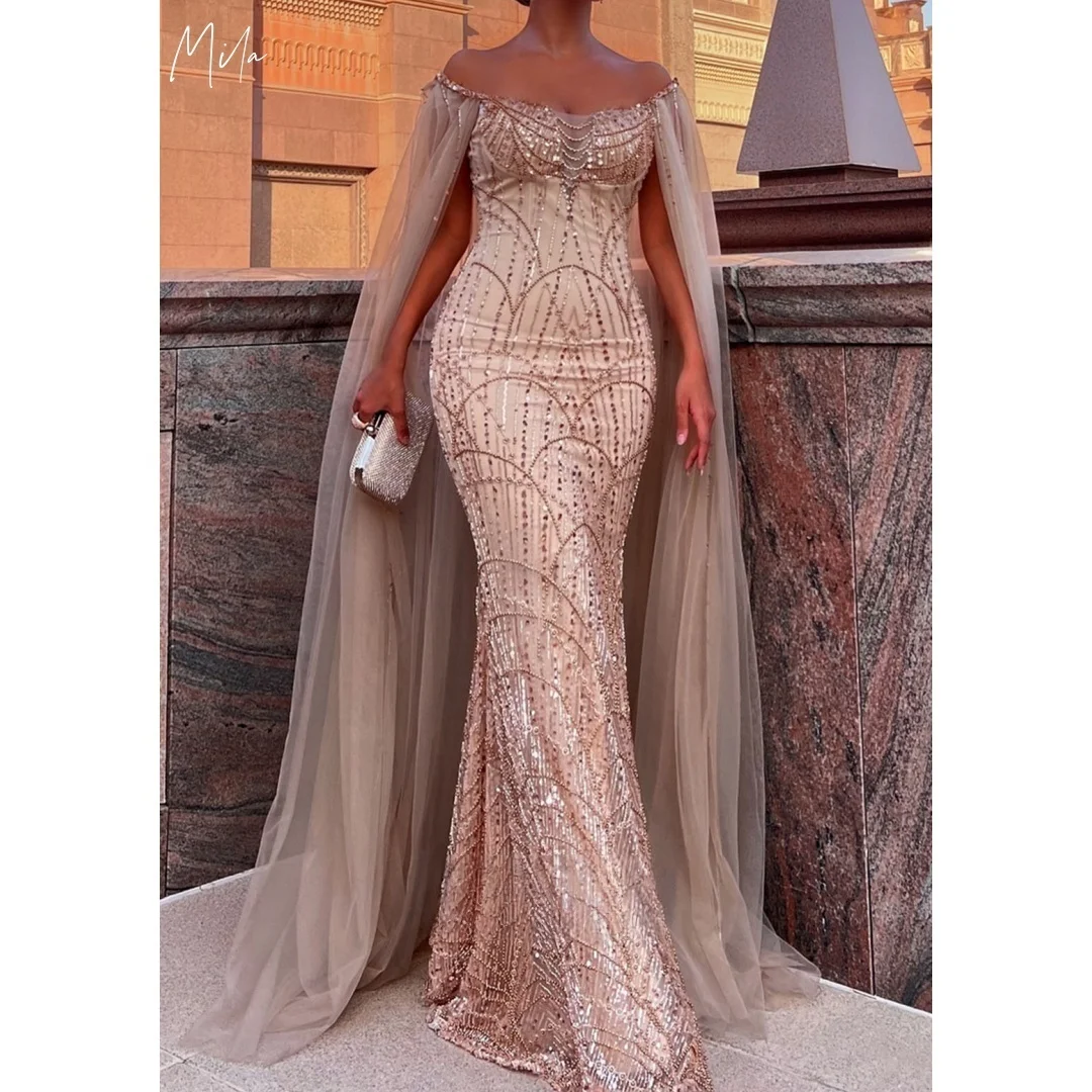 Mila Champagne sirena vestidos de graduación fuera del hombro sin tirantes personalizado Formal noche hasta el suelo lentejuelas vestidos de gala