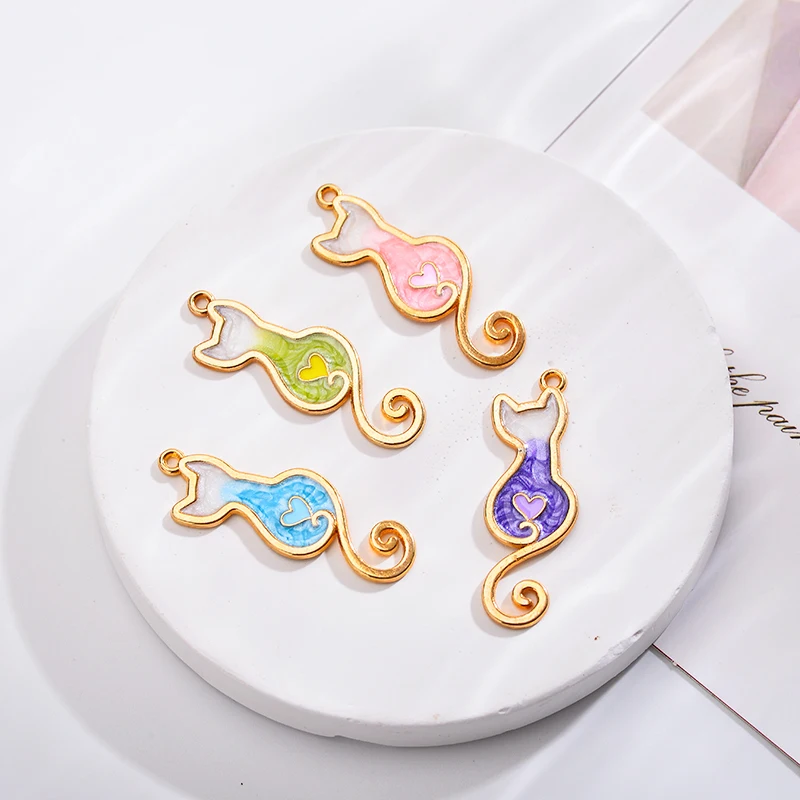 10Pcs Transparent Enamel Heart Cat Charm for Women Earrings Necklace Jewelry Making Kawaii Animal Pendant Diy Craft Supplies