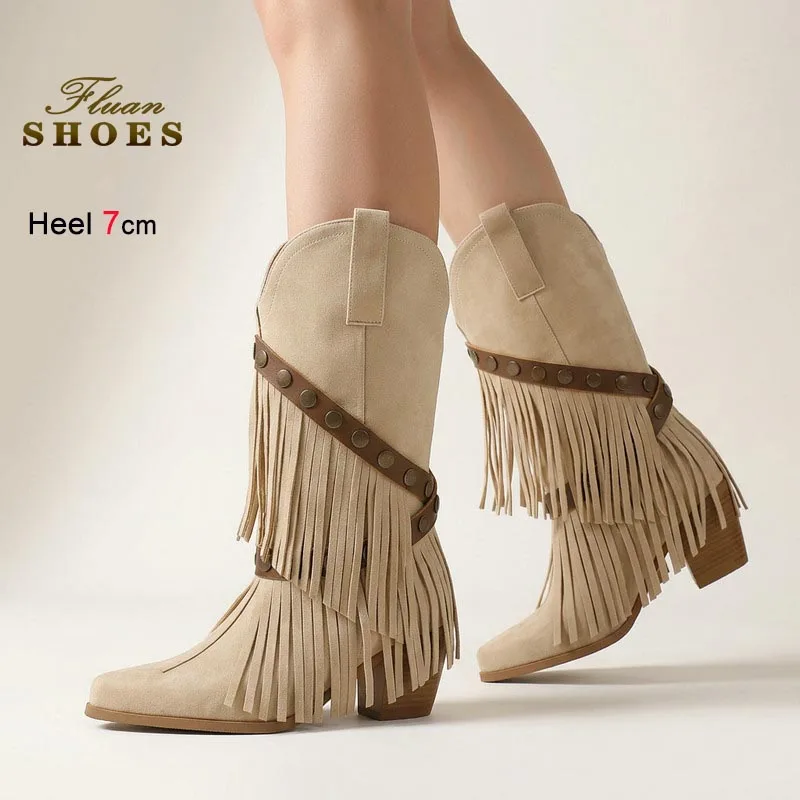 

Autumn Winter Fashion Vintage Mid-calf Boots Women's Shoes 7CM High Heels Coarse Heel Ladies Long Boots Western Cowboy Boots CD