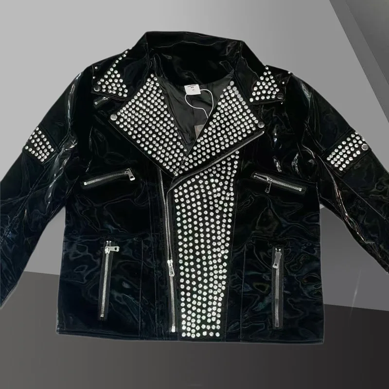 

Rhinestones Leather Jacket Men Black Jacket Coat Jaqueta Bomber Top Quality Luxury Punk Club Outfit Jacket Male Leather Jacket