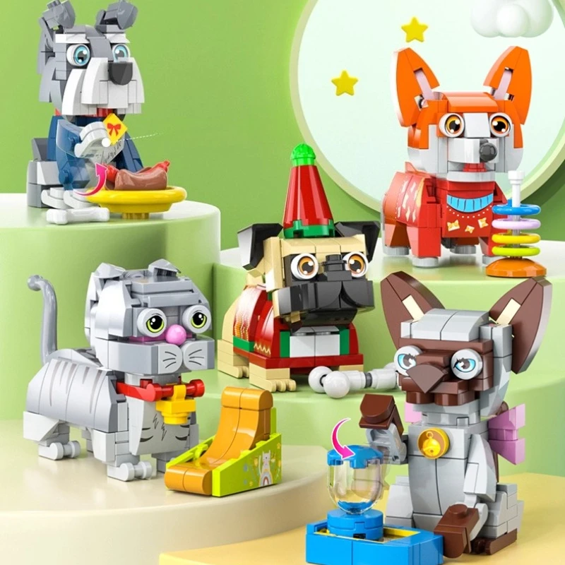 

Cartoon Husky Building Blocks Creative Hand-assembled Beagle Schnauzer Model Folded Ear Cat Desktop Ornament Toy Gift