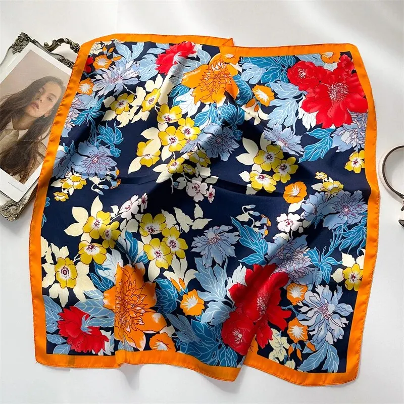 Bufanda cuadrada de seda de imitación con estampado de lujo para mujer, chal con lazo para el cuello, envolturas para el pelo femenino, pañuelo para la cabeza para la muñeca, Hijab