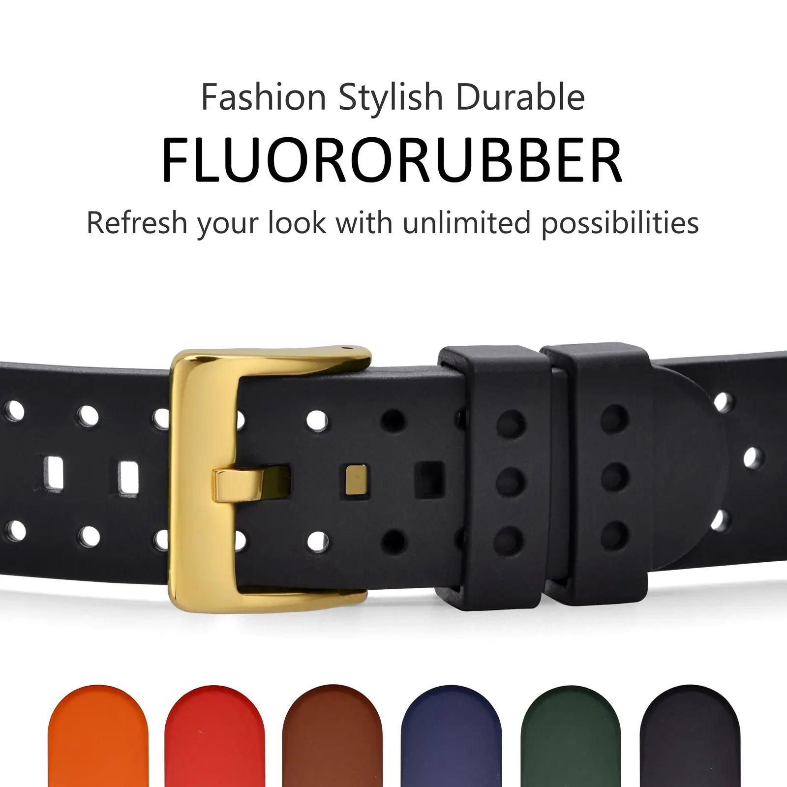 WOCCI FKM Rubber Watch Straps 18mm 20mm 22mm 24mm Fluororubber Watchbands Quick Release Replacement Gold Buckle For Men & Women