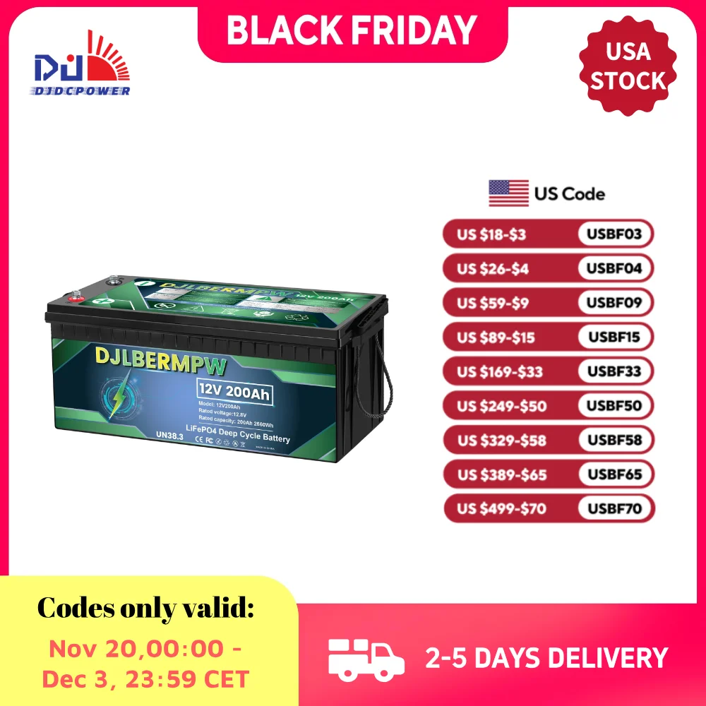 

12V 200Ah Lithium Iron Phosphate LiFePO4 Battery 200A BMS 2560W Output 8000+ Deep Cycles Long-Lasting for Solar RV Marine