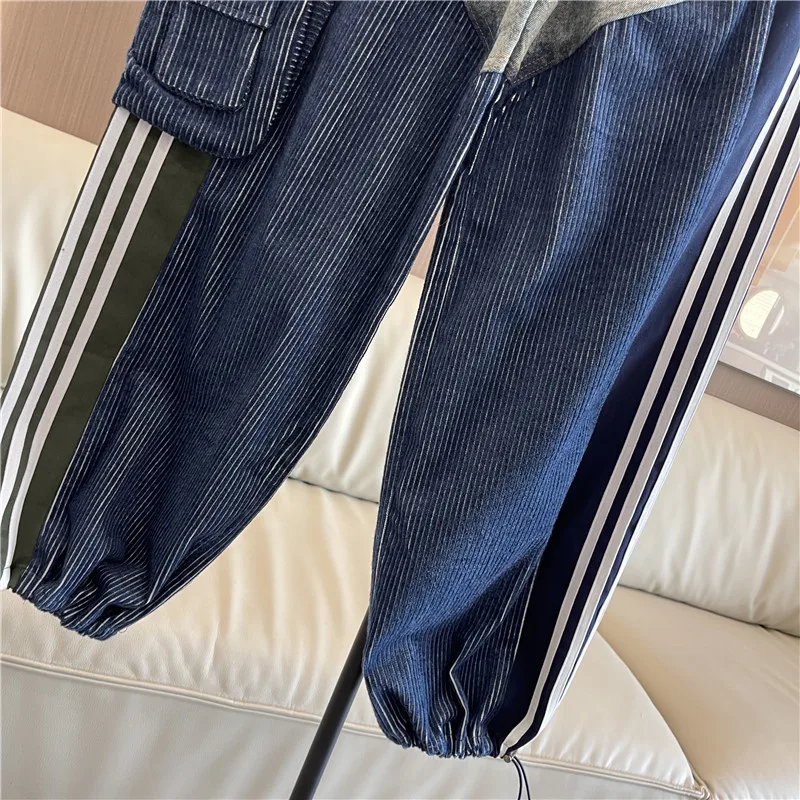 Thickened Personalized Straight Pockets Jeans for Women Elastic Waist Loose Streetwear, Drawstring Denim Cargo Pants,  Fashion