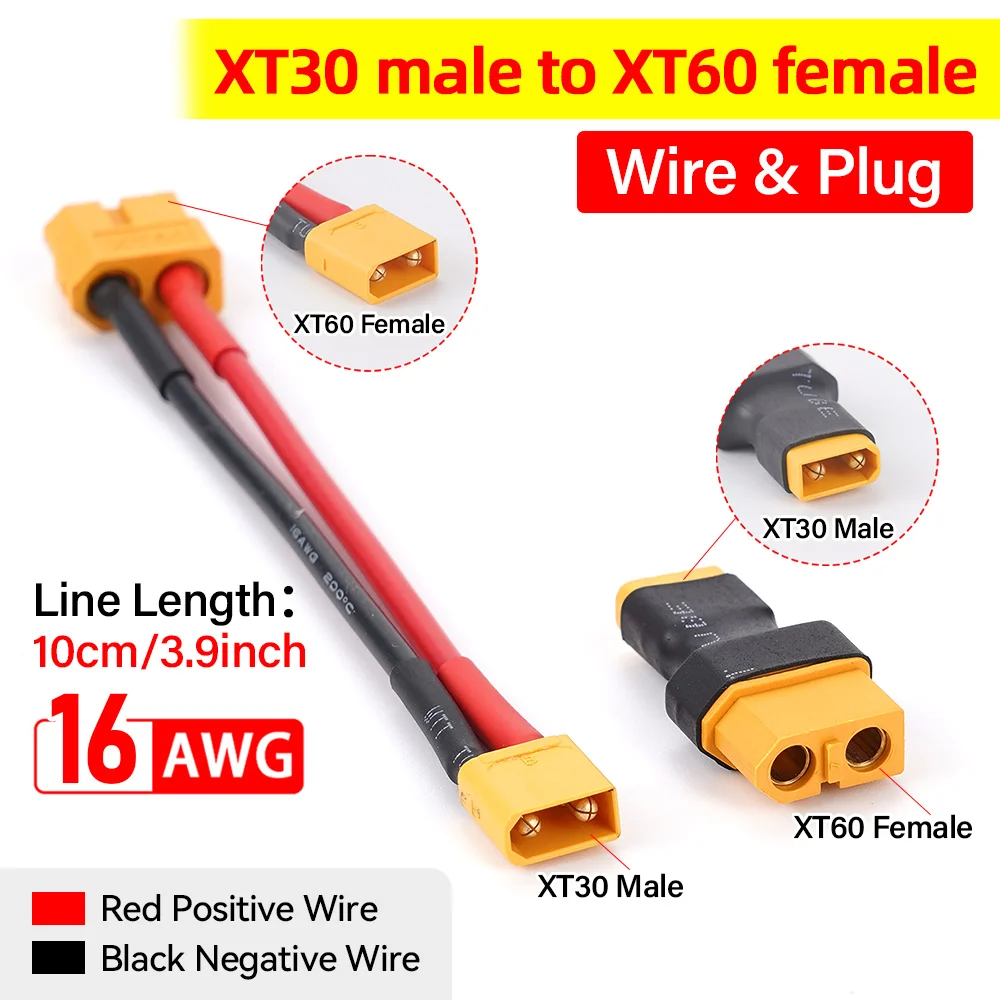 XT30 Male to XT60 Plug Female Connector Adapter 10CM 16AWG Silicone Wire Cable for Car Battery Power FPV Quadcopter Drone