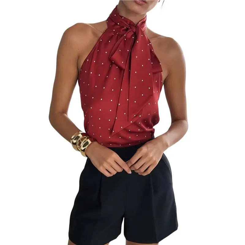 

CYL-Women Polka Dots Halter Tank Tops High Mock Neck Backless Open Back Camisole Going Out Tops