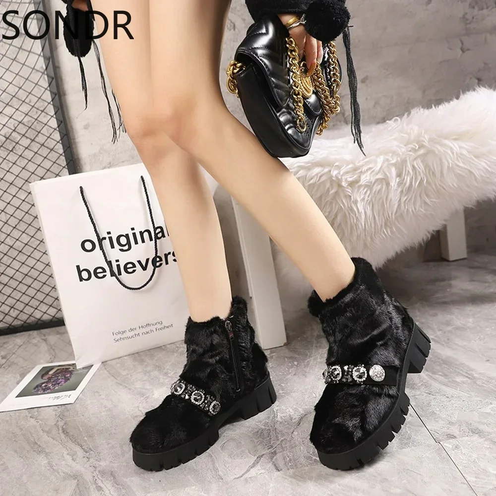 Womens Real Mink Fur Ankle Boots Rhinestones Crystal Chain Shoes Warm Winter Snow Thick Rainbow Colors New 2024