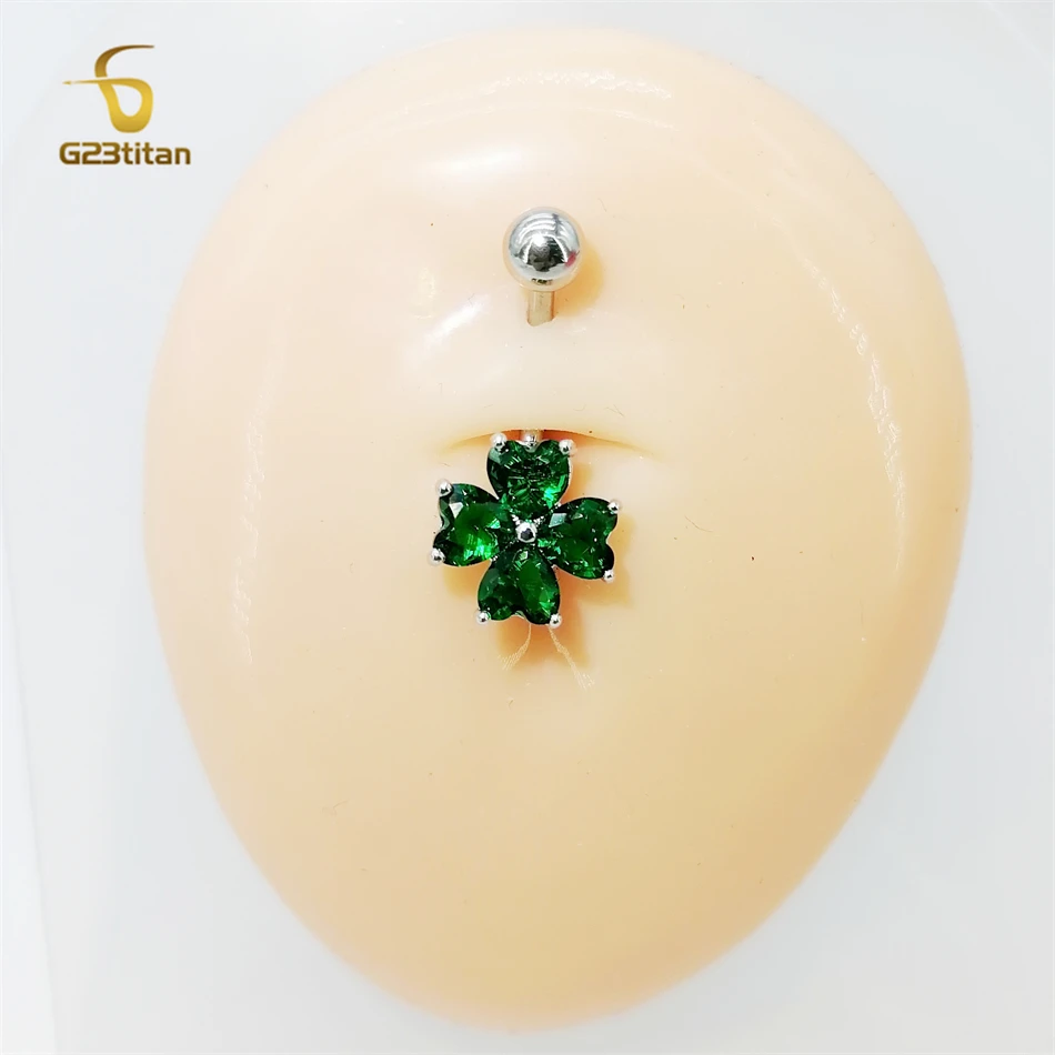 G23titan Bright Crystal Clover Belly Button Ring for Women Love Heart Petal Zircon G23 Titanium Body Piercing Jewelry Navel Bar image 2