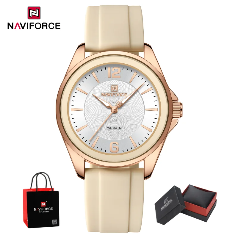 NAVIFORCE Women's Round Quartz Watch 3ATM Waterproof Silicone Strap Rose Gold Elegant Casual Female Wristwatch Gifts box