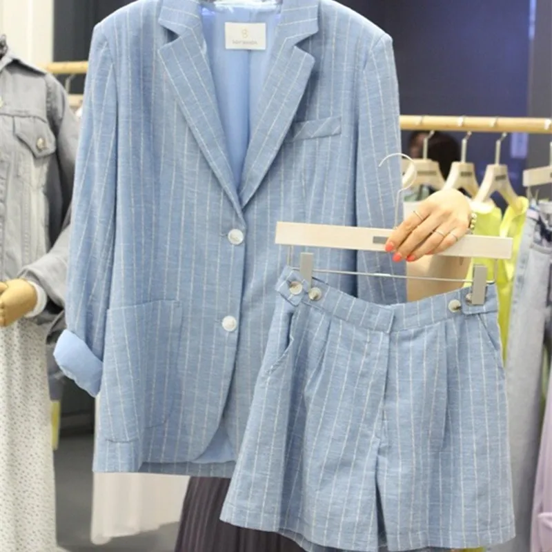 

Spring Summer Women's Loose Cotton Linen Stripe Suit Set Faionable orts Two-Piece Set Commute Sle Long Sve Regular L...